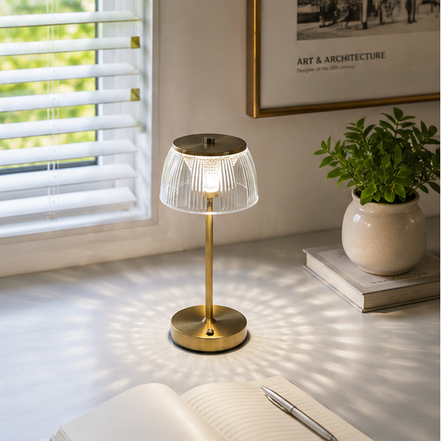 LuxRoyale Premium Cordless Brass Ribbed Acrylic Dimmable Table Lamp