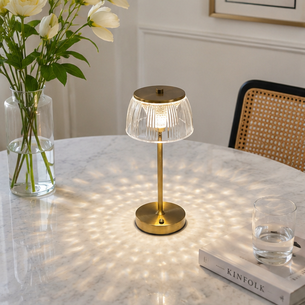 LuxRoyale Premium Cordless Brass Ribbed Acrylic Dimmable Table Lamp