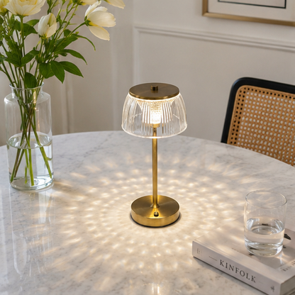 LuxRoyale Premium Cordless Brass Ribbed Acrylic Dimmable Table Lamp