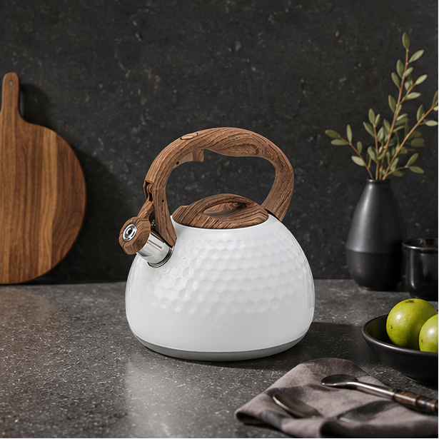 LuxRoyale White Hammered Stainless Steel Whistling Tea Kettle Wood Handle 3L