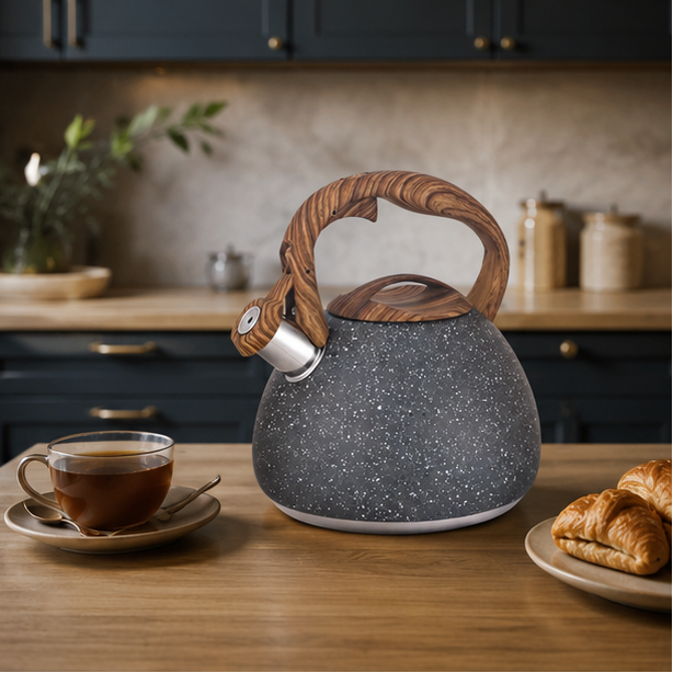 LuxRoyale White Hammered Stainless Steel Whistling Tea Kettle Wood Handle 3L