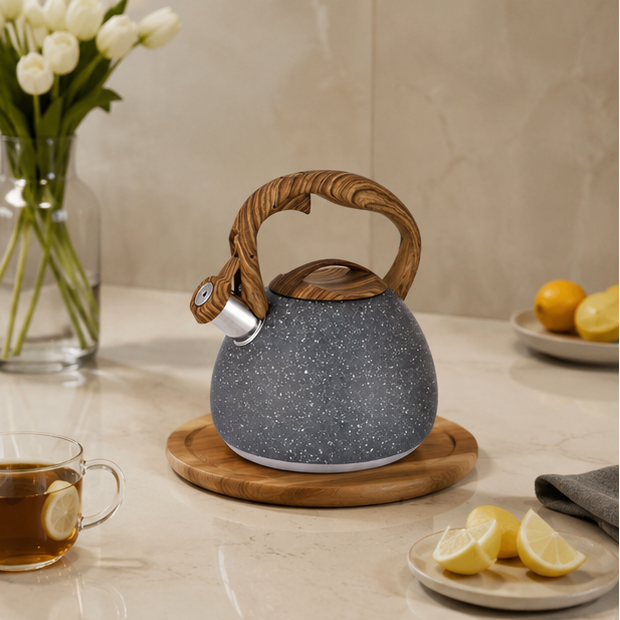 LuxRoyale White Hammered Stainless Steel Whistling Tea Kettle Wood Handle 3L