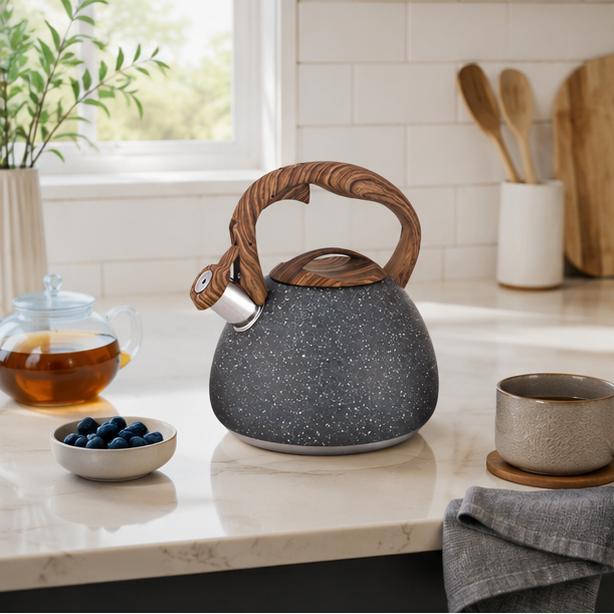 LuxRoyale White Hammered Stainless Steel Whistling Tea Kettle Wood Handle 3L