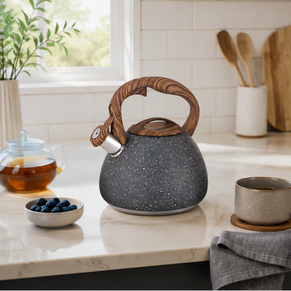LuxRoyale White Hammered Stainless Steel Whistling Tea Kettle Wood Handle 3L