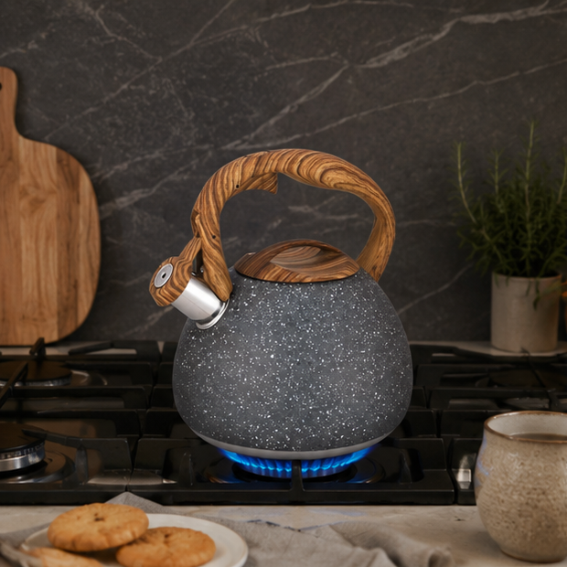 LuxRoyale White Hammered Stainless Steel Whistling Tea Kettle Wood Handle 3L