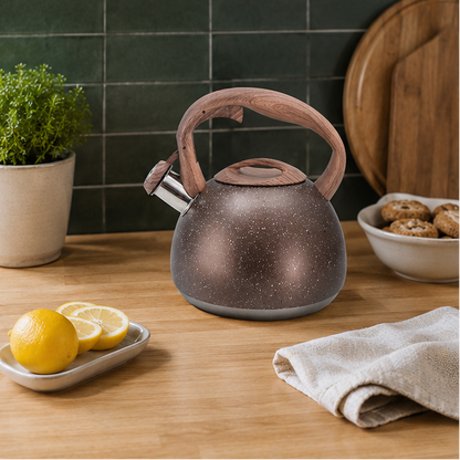 LuxRoyale White Hammered Stainless Steel Whistling Tea Kettle Wood Handle 3L