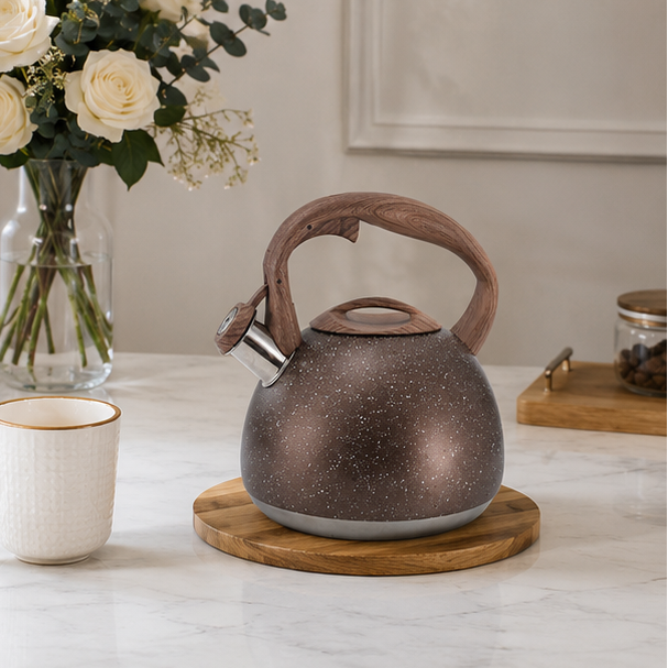 LuxRoyale White Hammered Stainless Steel Whistling Tea Kettle Wood Handle 3L