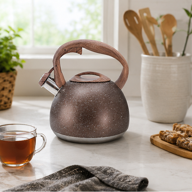 LuxRoyale White Hammered Stainless Steel Whistling Tea Kettle Wood Handle 3L