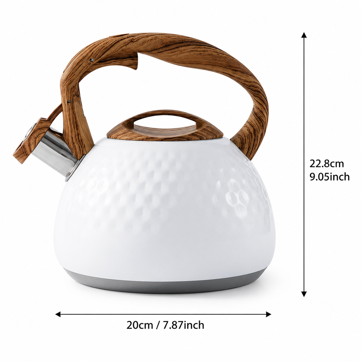 LuxRoyale White Hammered Stainless Steel Whistling Tea Kettle Wood Handle 3L