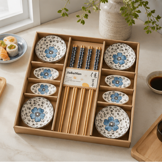 Rayvia Premium Japanese Sushi Dinnerware Set - 12-Piece Floral Gift