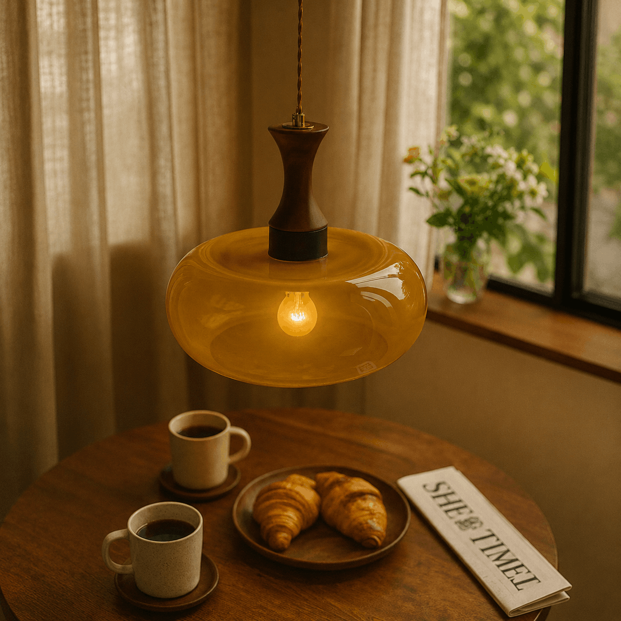 Rayvia Premium Amber Glass Pendant Light with Wood Accent for Living Dining Room.
