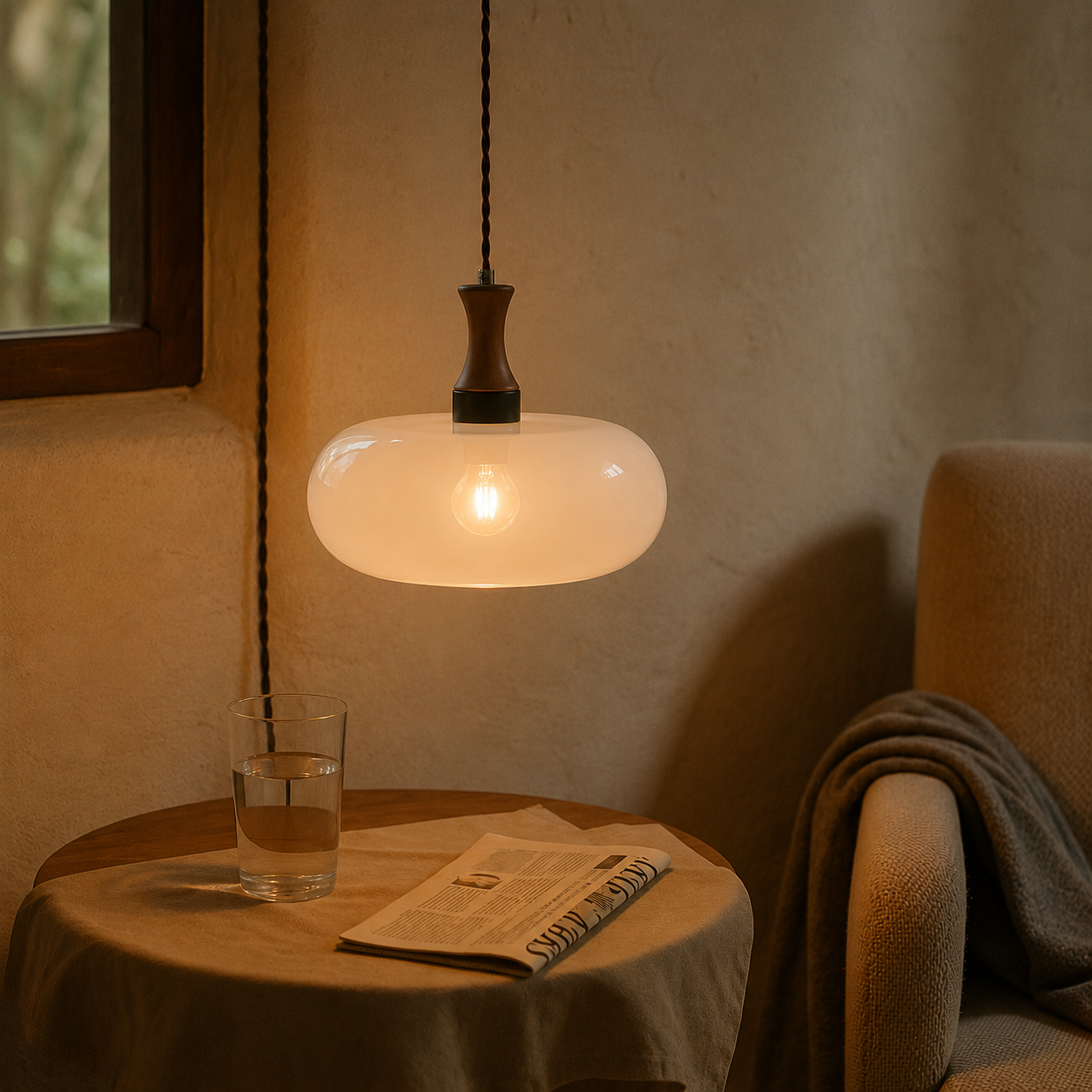 Rayvia Premium Amber Glass Pendant Light with Wood Accent for Living Dining Room.