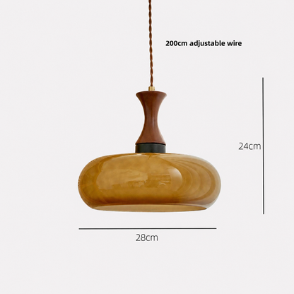 Rayvia Premium Amber Glass Pendant Light with Wood Accent for Living Dining Room.