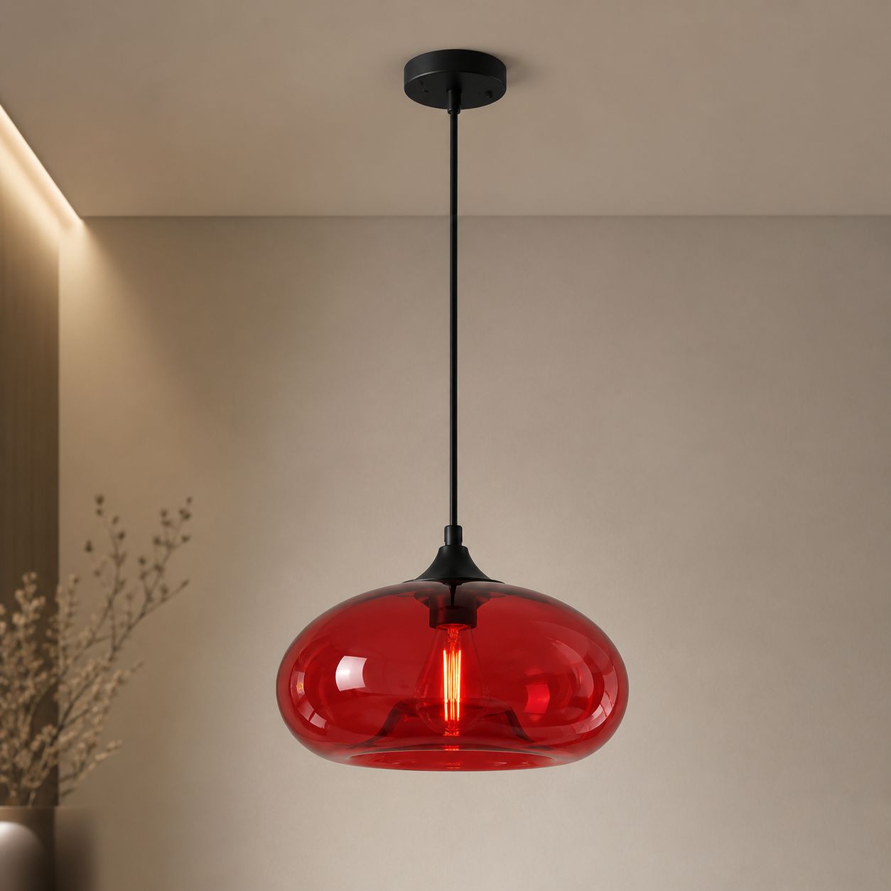 Rayvia Modern Red Colored Glass Pendant Light, Hanging Kitchen Dining Fixture