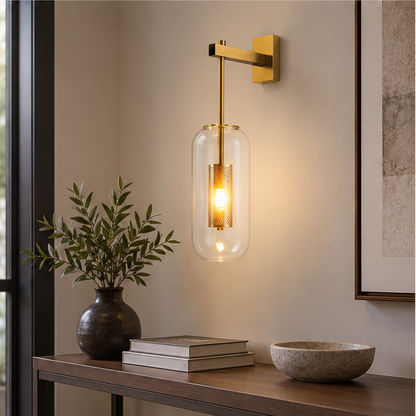 Royelux Modern Glass Wall Sconce - Brass Minimalist Light Fixture