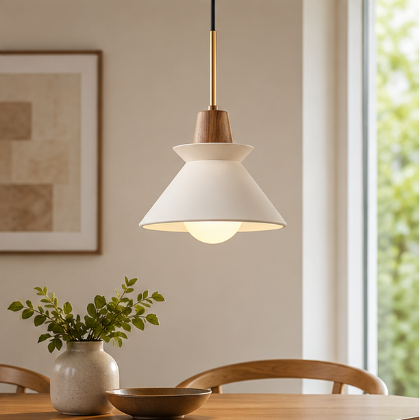 RoyaleGlow Modern Cement Pendant Light - White Bowl Shade Hanging Dining Room Fixture