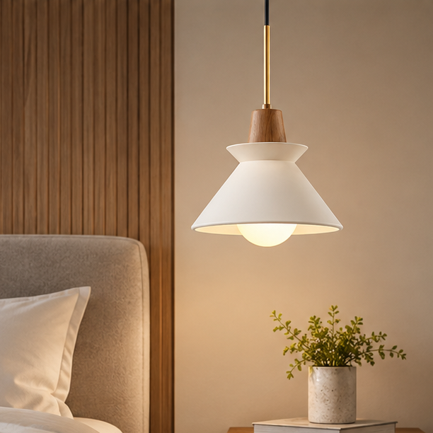 RoyaleGlow Modern Cement Pendant Light - White Bowl Shade Hanging Dining Room Fixture