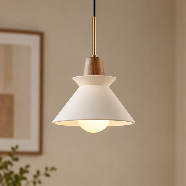 RoyaleGlow Modern Cement Pendant Light - White Bowl Shade Hanging Dining Room Fixture