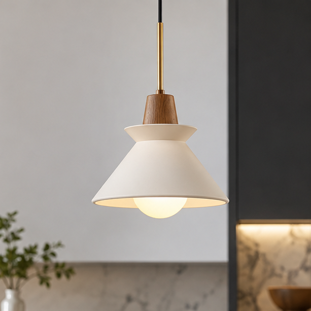 RoyaleGlow Modern Cement Pendant Light - White Bowl Shade Hanging Dining Room Fixture