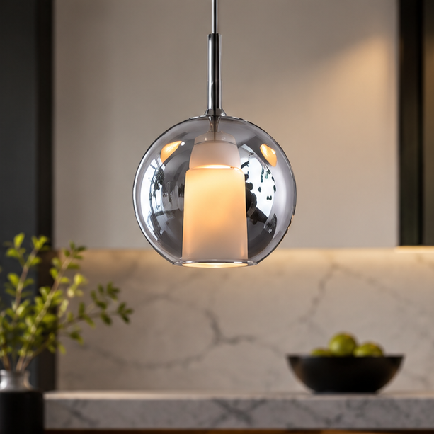 RoyaleGlow Modern Glass Ball Pendant Light - Copper Hanging Lamp For Dining Room