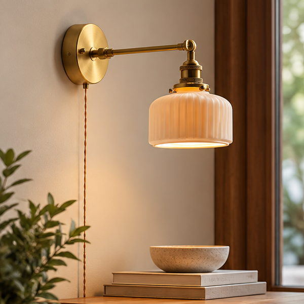 RoyaleGlow Ceramic Wall Sconce Light With Pull Chain - Adjustable Brass Fixture