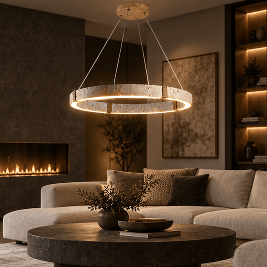 RoyaleGlow Modern Travertine Ring LED Chandelier - Natural Stone Hanging Ceiling Light - Royale Basic