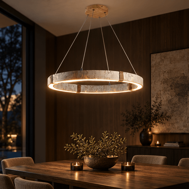 RoyaleGlow Modern Travertine Ring LED Chandelier - Natural Stone Hanging Ceiling Light - Royale Basic