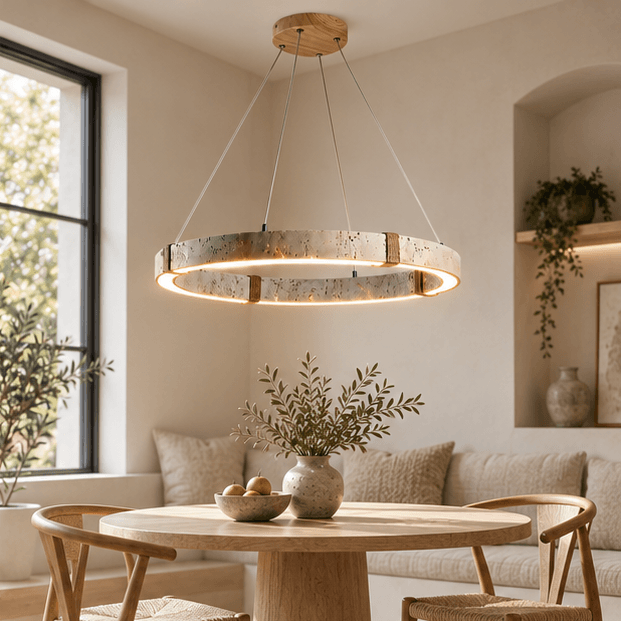 RoyaleGlow Modern Travertine Ring LED Chandelier - Natural Stone Hanging Ceiling Light - Royale Basic