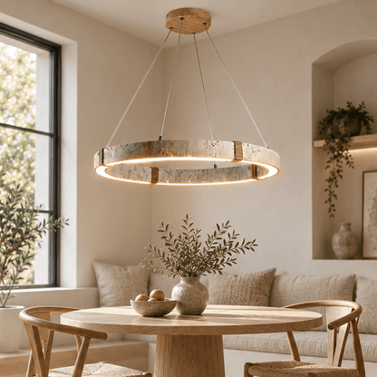 RoyaleGlow Modern Travertine Ring LED Chandelier - Natural Stone Hanging Ceiling Light - Royale Basic