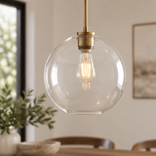 RoyaleGlow Modern Glass Globe Pendant Light Clear Brass Hanging Fixture