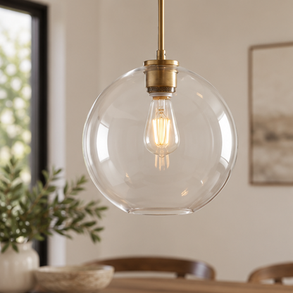 RoyaleGlow Modern Glass Globe Pendant Light Clear Brass Hanging Fixture