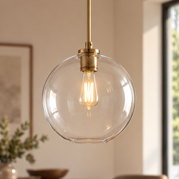 RoyaleGlow Modern Glass Globe Pendant Light Clear Brass Hanging Fixture
