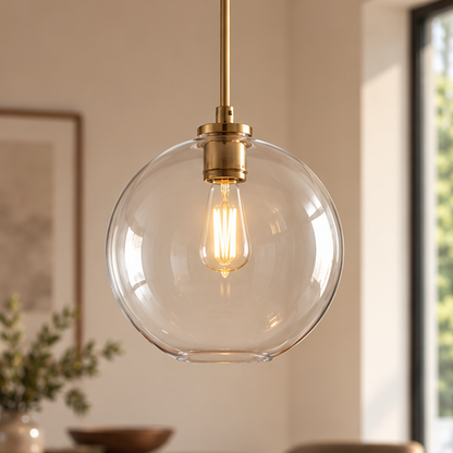 RoyaleGlow Modern Glass Globe Pendant Light Clear Brass Hanging Fixture