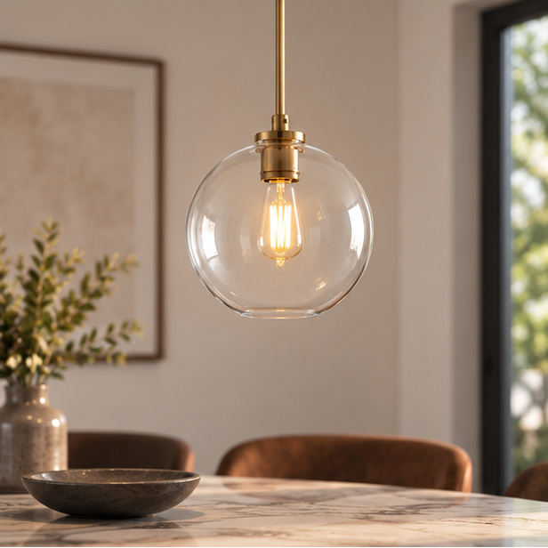 RoyaleGlow Modern Glass Globe Pendant Light Clear Brass Hanging Fixture