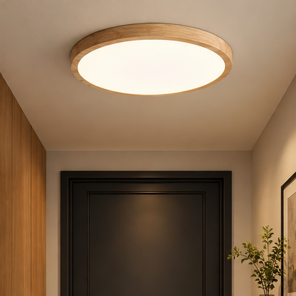 RoyaleGlow Modern Round Wood Flush Mount Ceiling Light  - Dimmable Minimalist Fixture