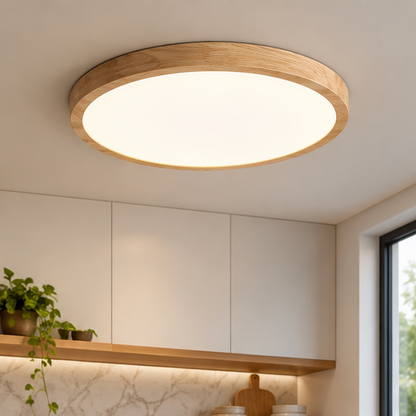 RoyaleGlow Modern Round Wood Flush Mount Ceiling Light  - Dimmable Minimalist Fixture