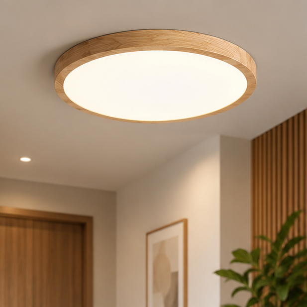 RoyaleGlow Modern Round Wood Flush Mount Ceiling Light  - Dimmable Minimalist Fixture
