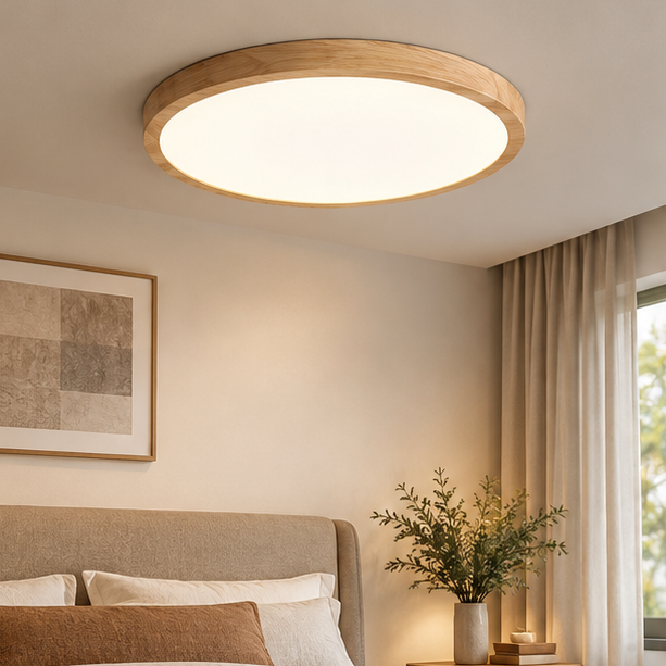 RoyaleGlow Modern Round Wood Flush Mount Ceiling Light  - Dimmable Minimalist Fixture