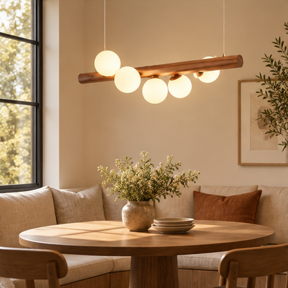 RoyaleGlow Modern Linear Pendant Light - Walnut Wood Glass Island Chandelier