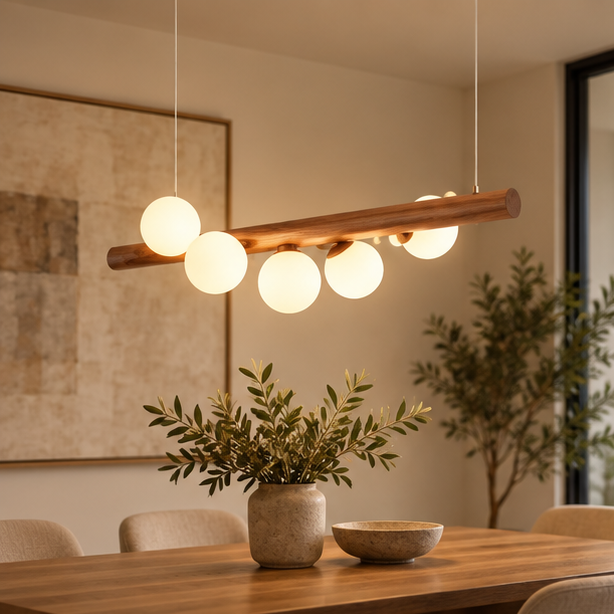 RoyaleGlow Modern Linear Pendant Light - Walnut Wood Glass Island Chandelier