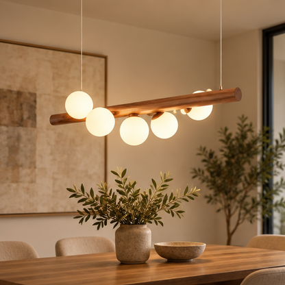 RoyaleGlow Modern Linear Pendant Light - Walnut Wood Glass Island Chandelier