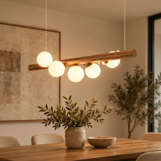 RoyaleGlow Modern Linear Pendant Light - Walnut Wood Glass Island Chandelier - Royale Basic