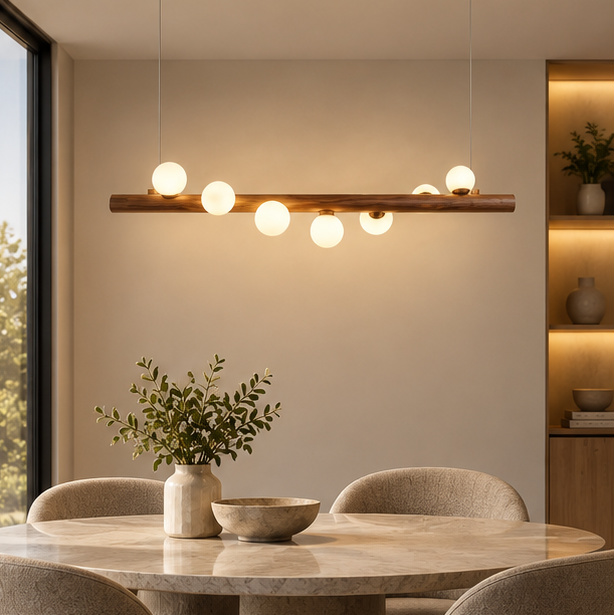 RoyaleGlow Modern Linear Pendant Light - Walnut Wood Glass Island Chandelier