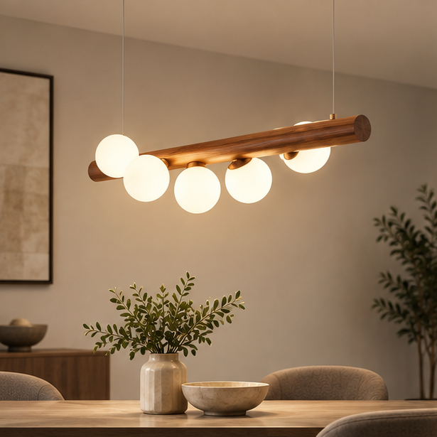 RoyaleGlow Modern Linear Pendant Light - Walnut Wood Glass Island Chandelier