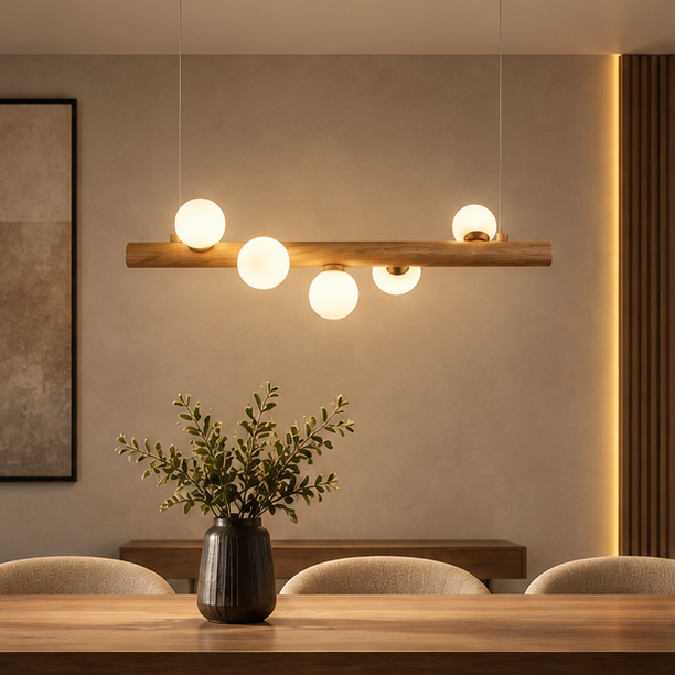 RoyaleGlow Modern Linear Pendant Light - Walnut Wood Glass Island Chandelier