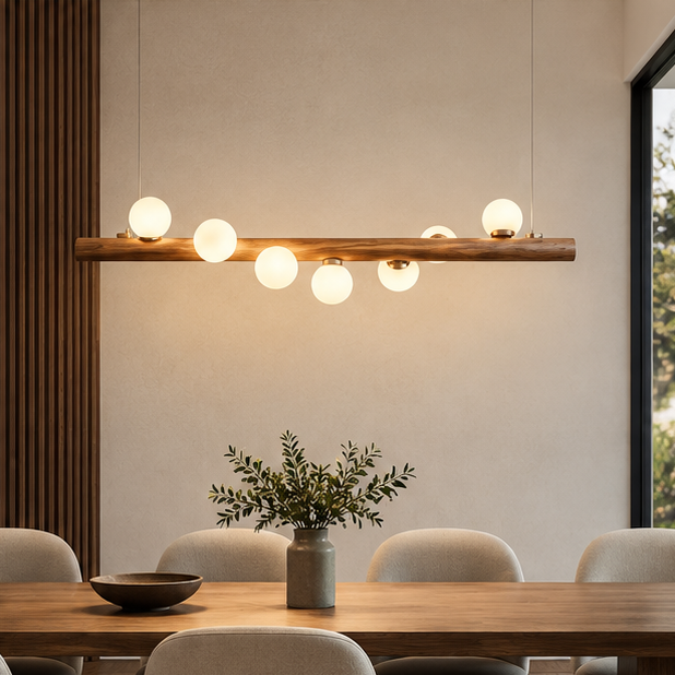 RoyaleGlow Modern Linear Pendant Light - Walnut Wood Glass Island Chandelier