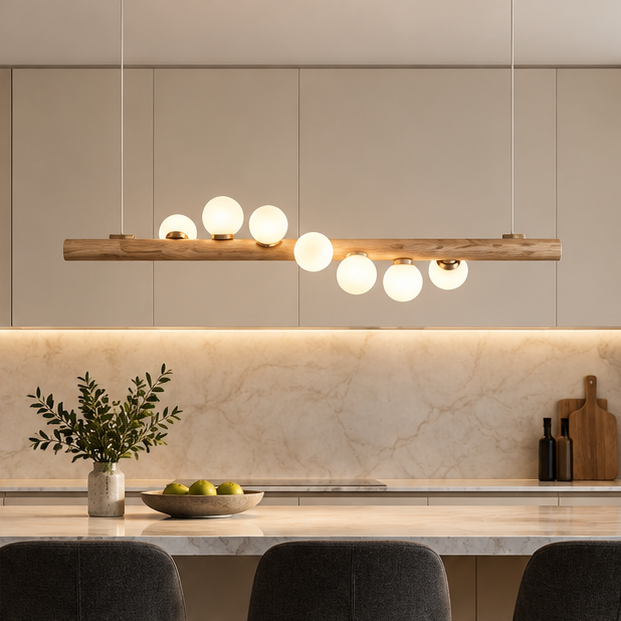 RoyaleGlow Modern Linear Pendant Light - Walnut Wood Glass Island Chandelier