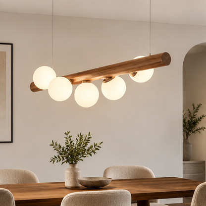 RoyaleGlow Modern Linear Pendant Light - Walnut Wood Glass Island Chandelier
