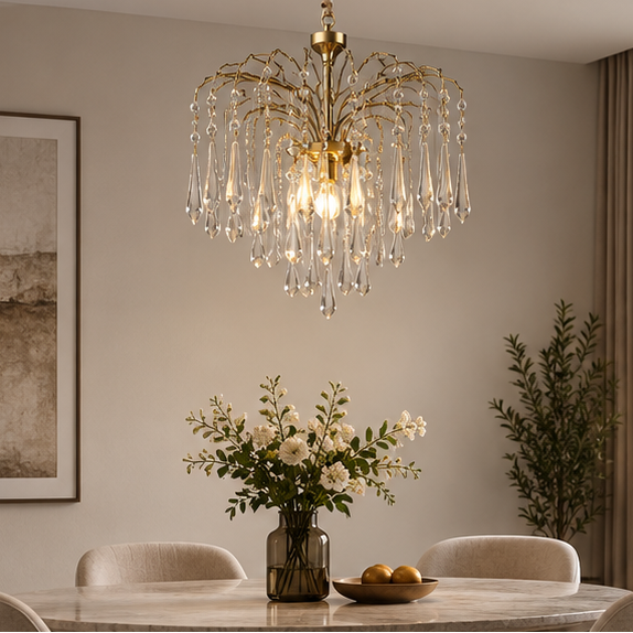 RoyaleGlow French Retro Water Drop Glass Chandelier - Brass Waterfall Crystal Hanging Light