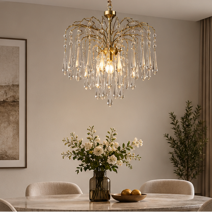 RoyaleGlow French Retro Water Drop Glass Chandelier - Brass Waterfall Crystal Hanging Light